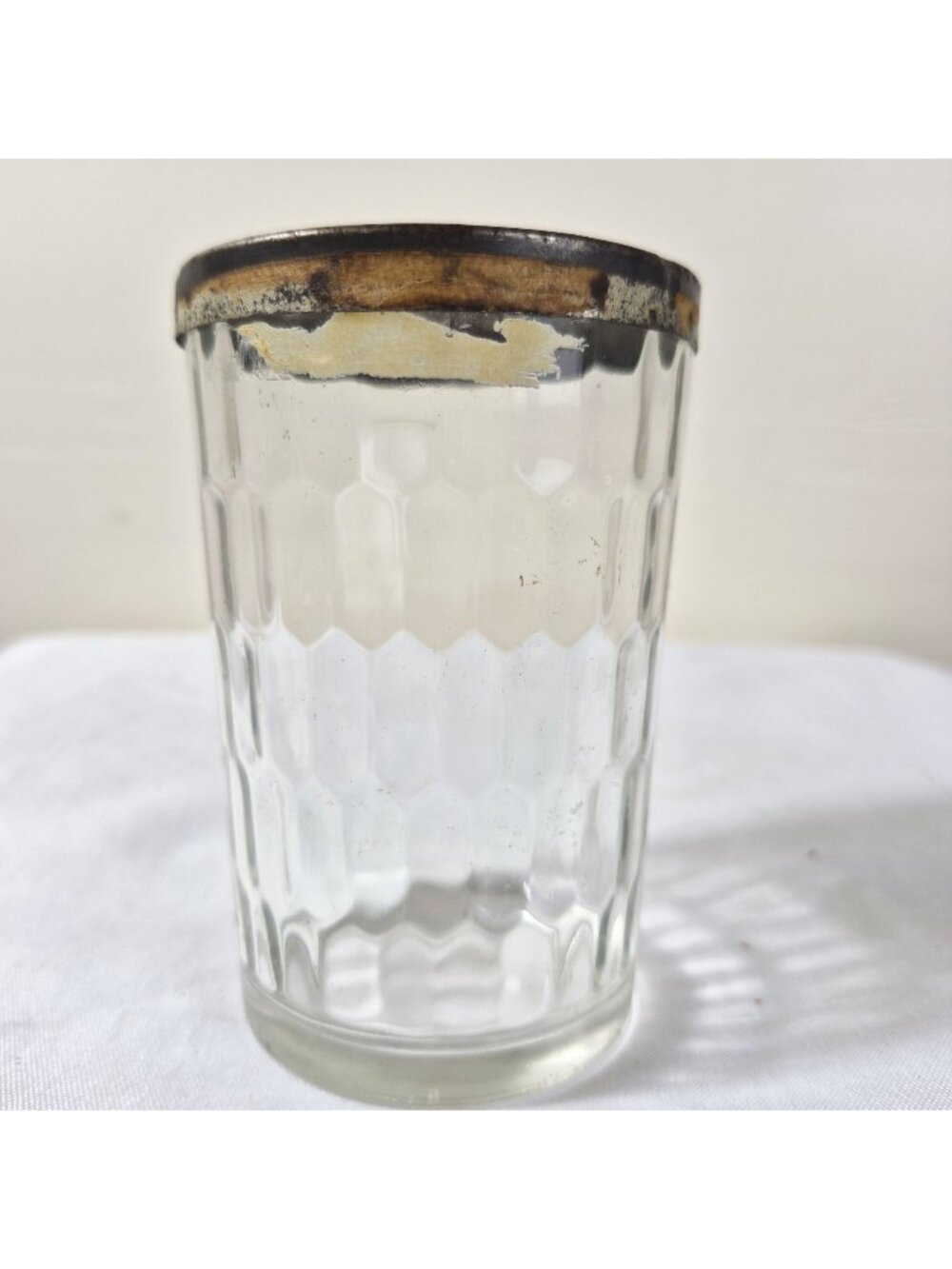Vintage American Snuff Jar With Embossed Glass Design & Metal Lid Since 1782